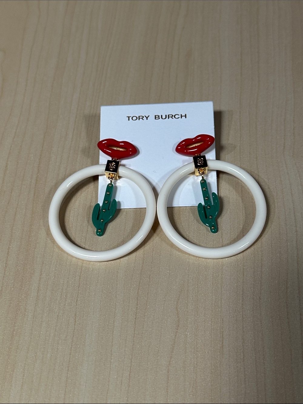 Tory Burch Red Lip, White Hoop & Green Cactus Earrings